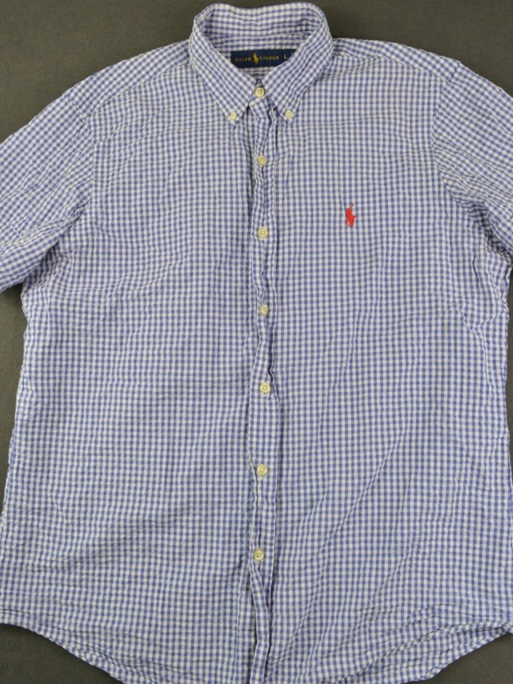 Ralph Lauren Mens Blue Button Down Shirt Gingham Check Embroidered Pony Logo L